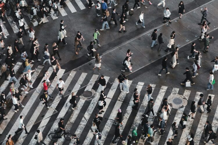 a large group of people crossing a street